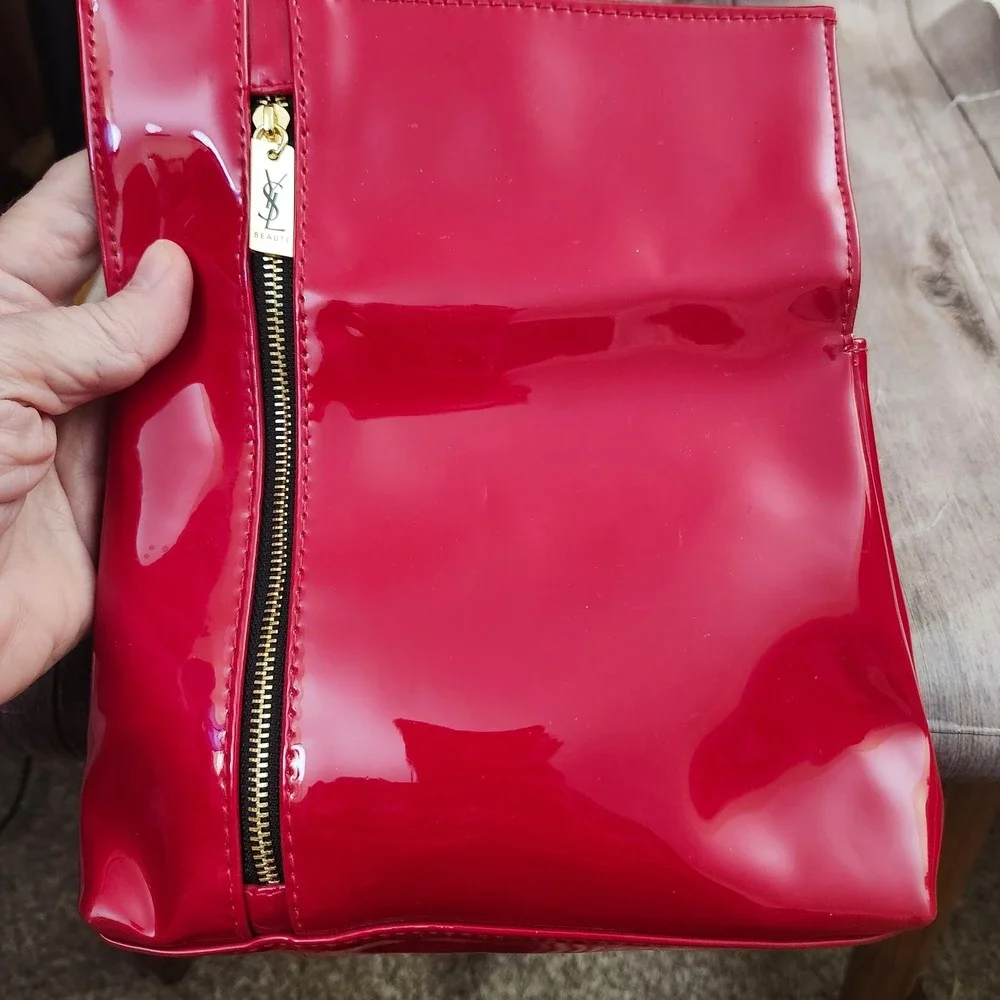 Yves Saint Laurent Beaute Red Patent Makeup Bag Clutch YSL Logo Gold Zipper Y2K